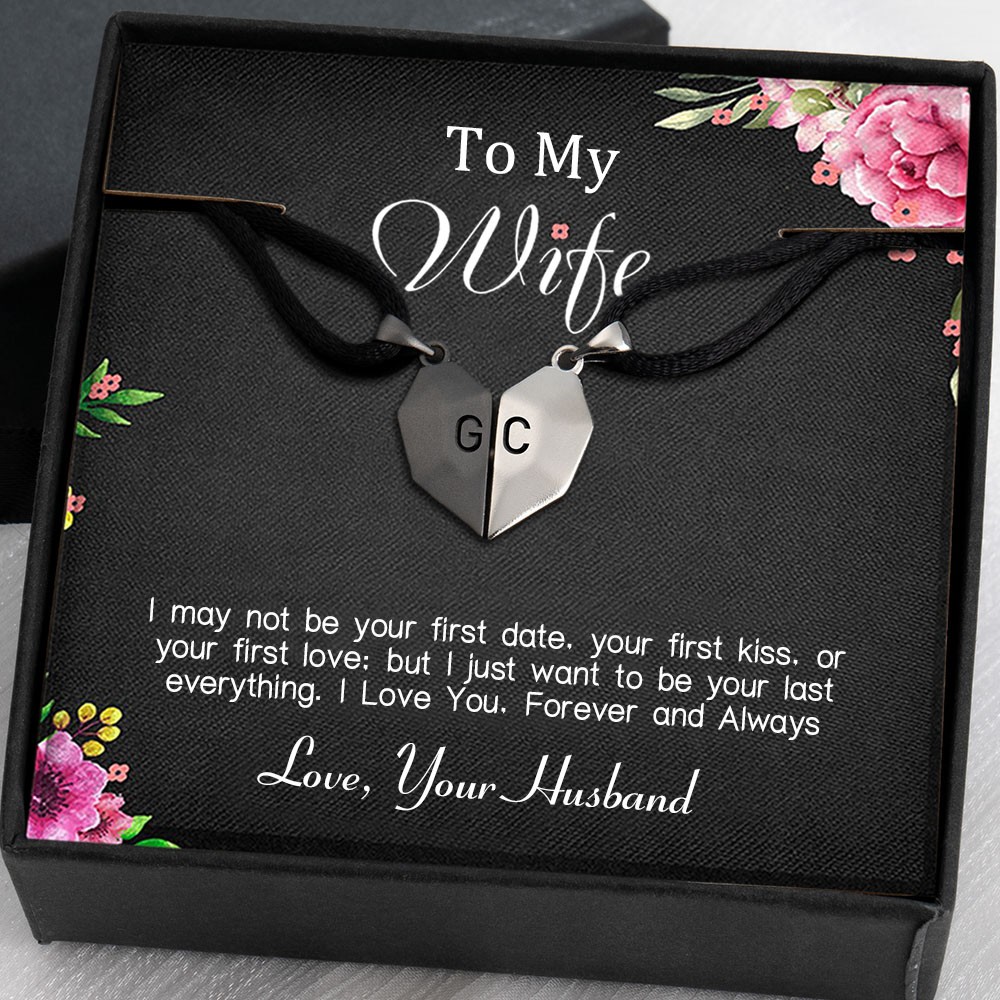 To My Wife 2 Pieces Personalized Magnetic Heart-Shaped Necklace For Valentine's Day Anniversary