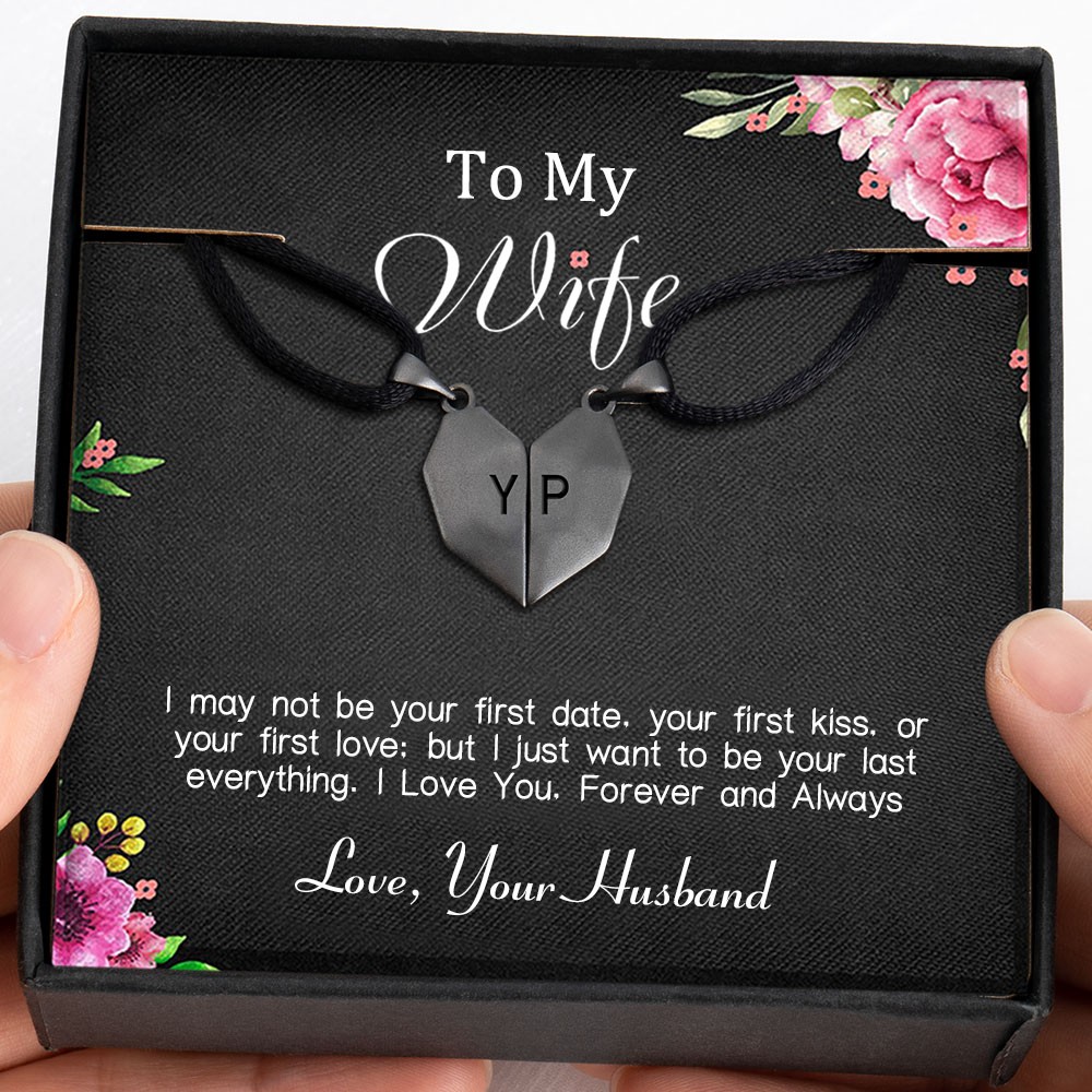 To My Wife 2 Pieces Personalized Magnetic Heart-Shaped Necklace For Valentine's Day