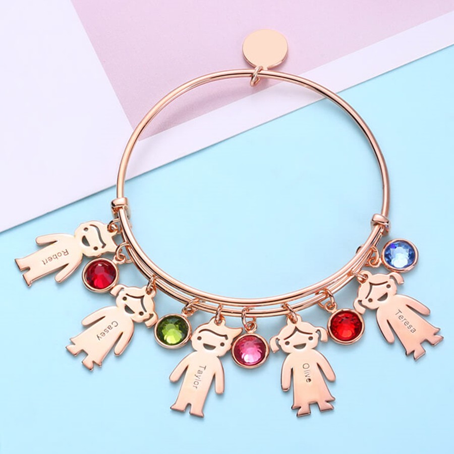 Personalized Birthstone Bangle Bracelet With 1-12 Name Engraved on Kid Charm