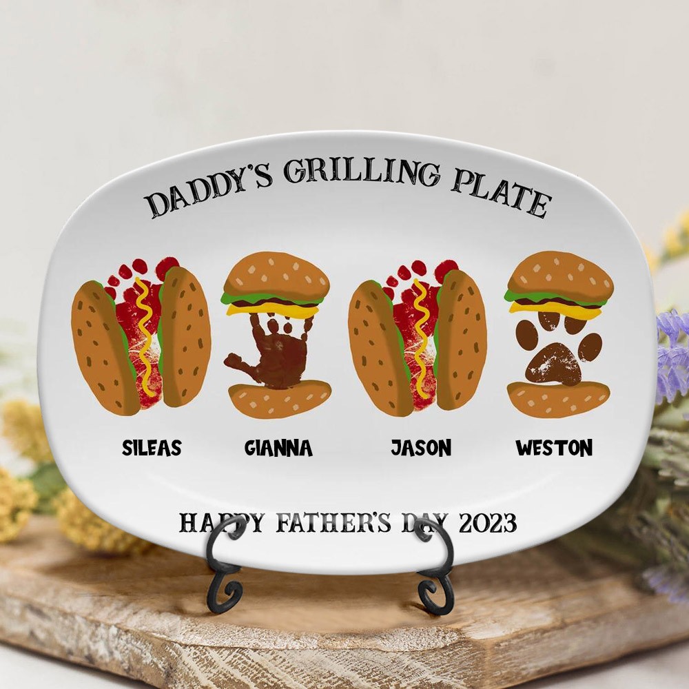 Custom Daddy's Grilling Plate Burger Hot Dog Handprint Footprint Platter With Kids Name For Father's Day