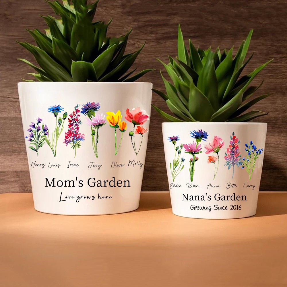 Personalized Birth Flower Outdoor Flower Pot With Kids Name For Mom Grandma Christmas Gift