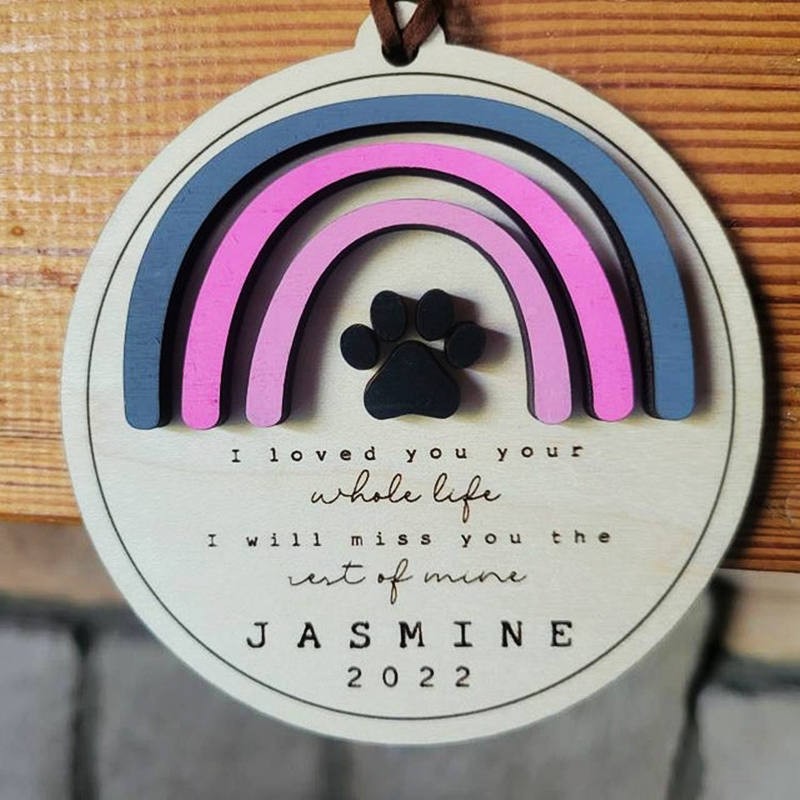 Personalized Wood Pet Paw Memorial Ornament Rainbow Bridge with Name Engraved