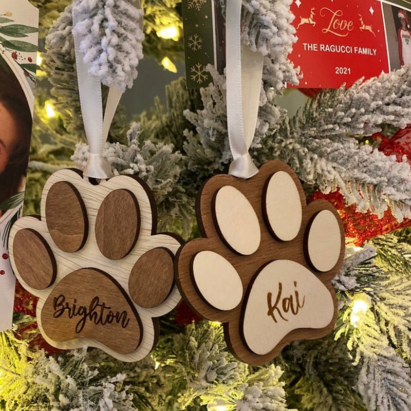 Personalized Wood Pet Paw Christmas Ornament with Name Engraved