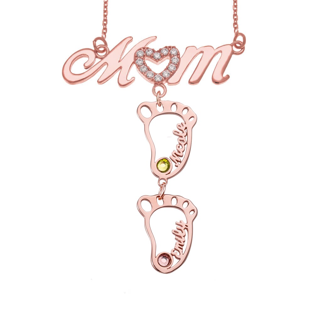 Personalized 1-10 Hollow BabyFeet Name Mom Necklace With Birthstones