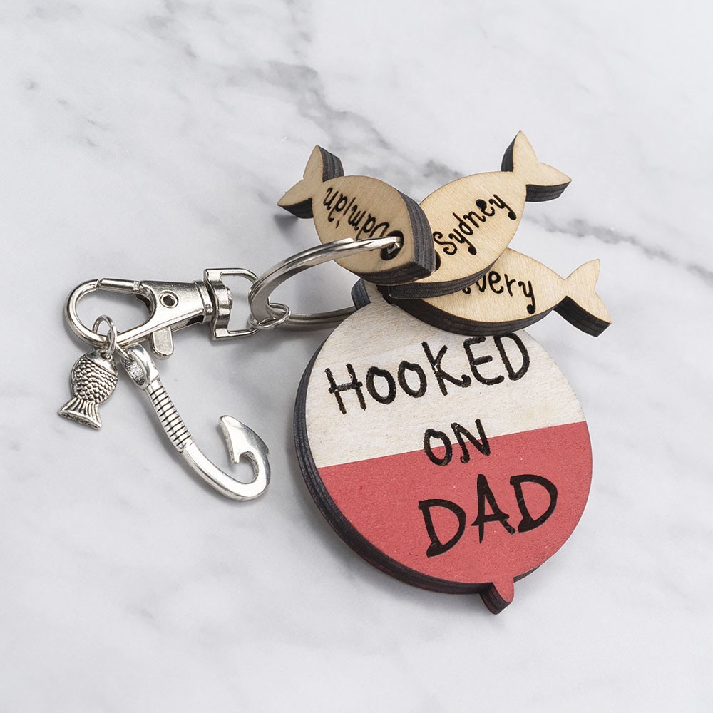 Father's Day Personalized Fishing Keychain With Kids Name We're Hooked on Dad
