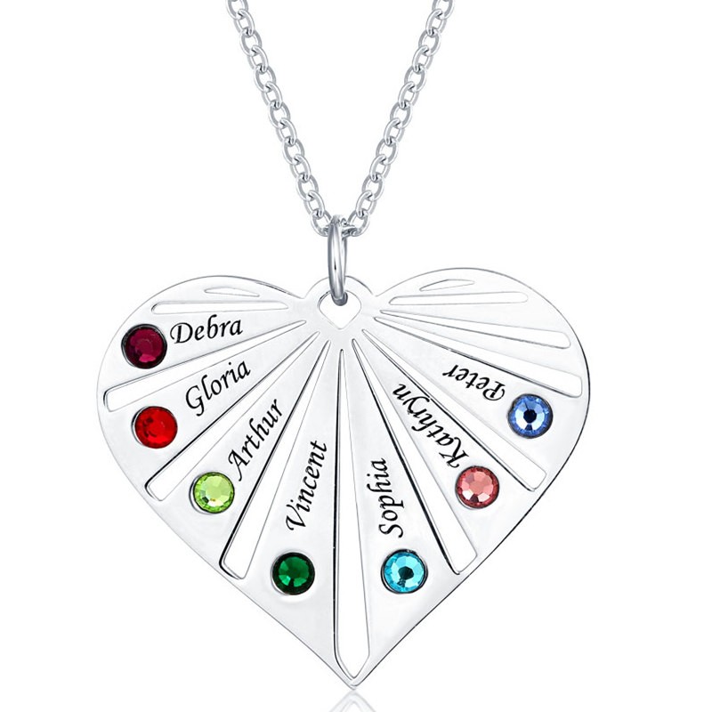 Silver Personalized 1-8 Engraving Family Name Heart Necklace With Birthstone
