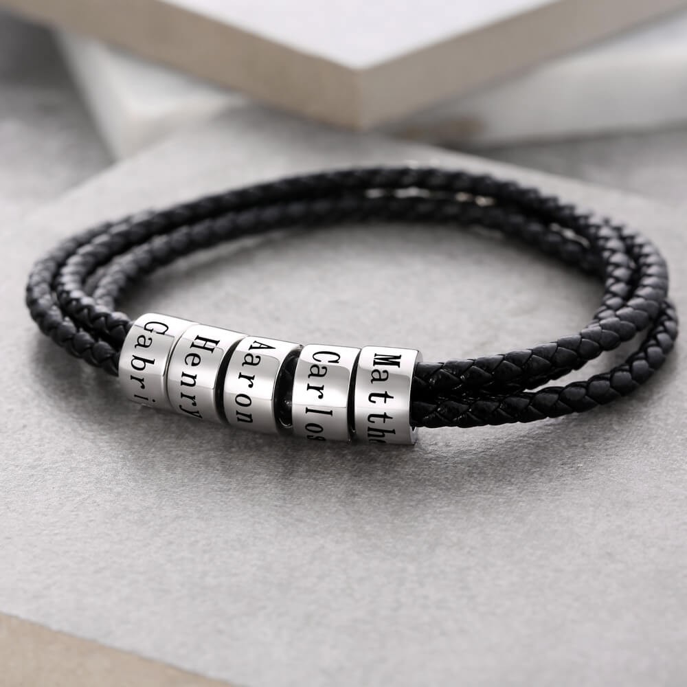 Personalized 1-10 Beads Engraving Name Black Leather Bracelet Gifts for Him
