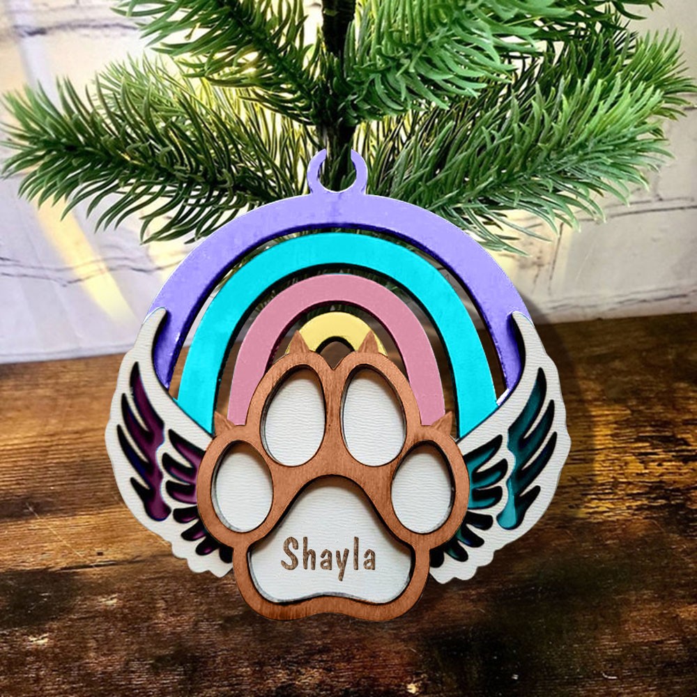 Personalized Wood Pet Paw Memorial Ornament Rainbow Bridge with Name Engraved