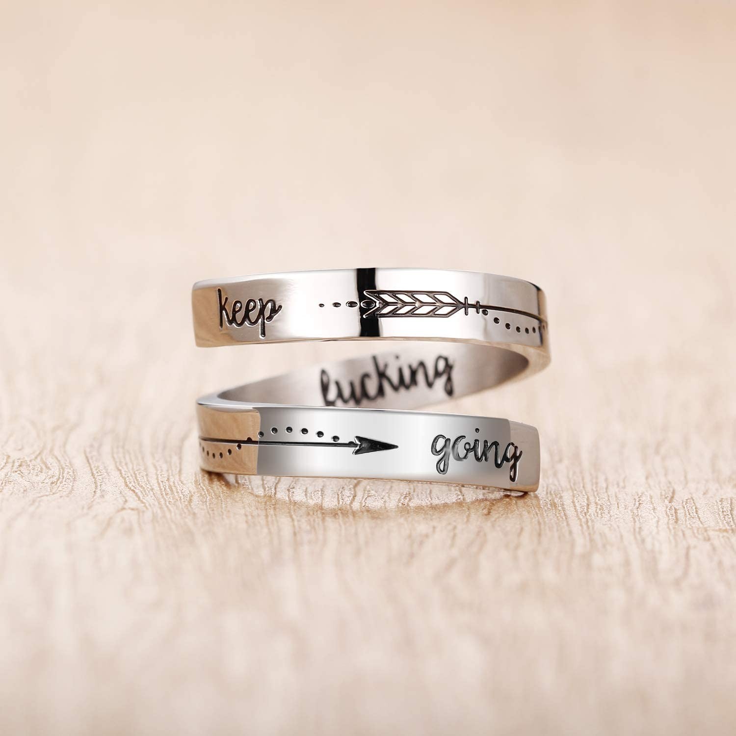 S925 Sterling Silver Adjustable " Keep Going"  Engraving Ring Encouragement Gift