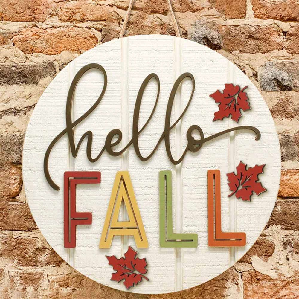 Hello Fall Door Hanger Farmhouse Entry Way Wall Home Decor Welcome Sign