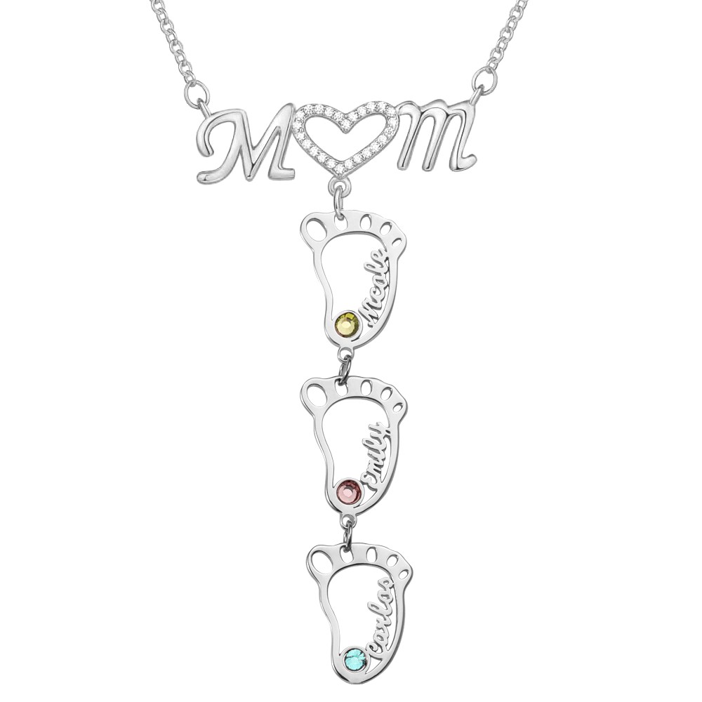Silver Personalized 1-10 Hollow BabyFeet Name Mom Necklace With Birthstones