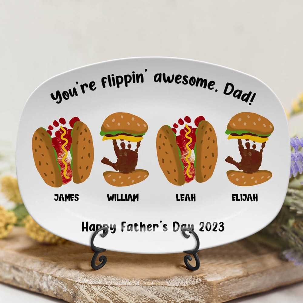 Custom Burger Hot Dog Handprint Footprint Platter With Kids Name For Father's Day