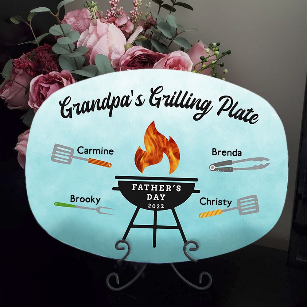 Personalized Barbecue Platter With Kids Name For Dad Grandpa's Grilling Plate Father's Day