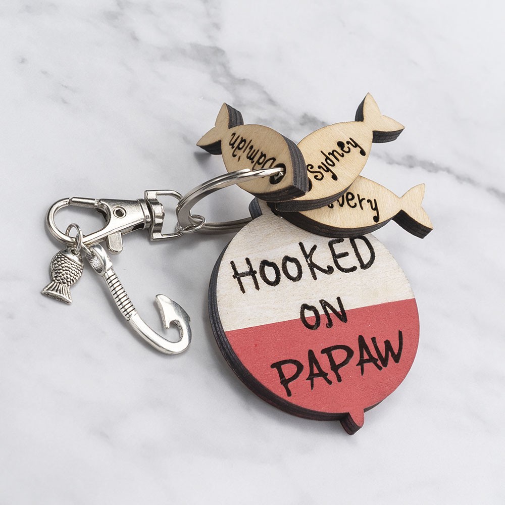 Father's Day Personalized Fishing Keychain With Kids Name We're Hooked on PAPAW