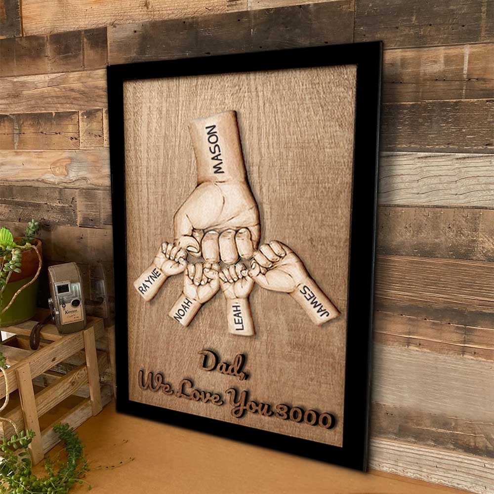 Personalized Dad and Kids Fist Bump With Name Engraving Wood Sign For Father's Day Dad We Love You 3000