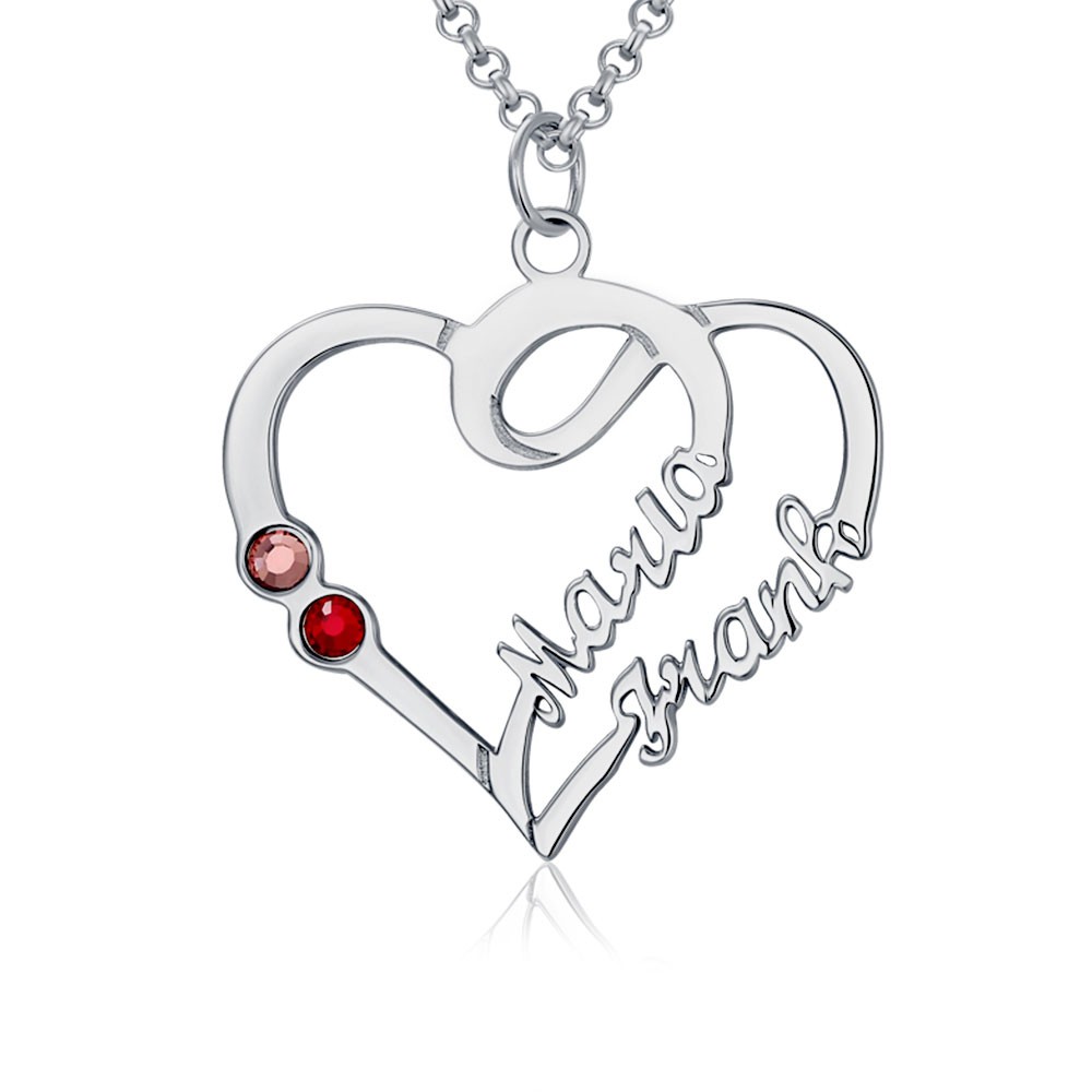 Couple Heart Names Necklace With Birthstones