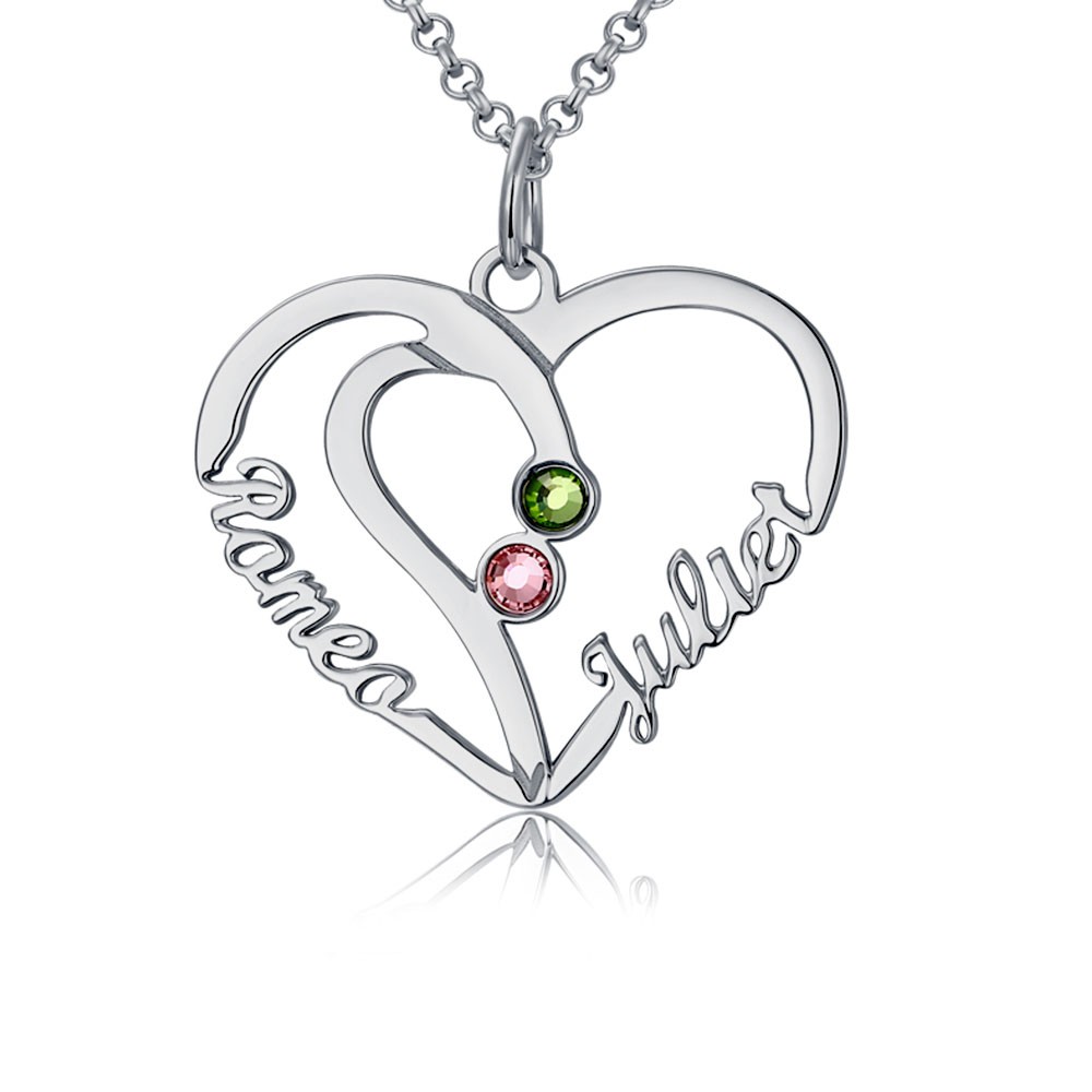 Heart Couple Name Necklaces With Birthstones