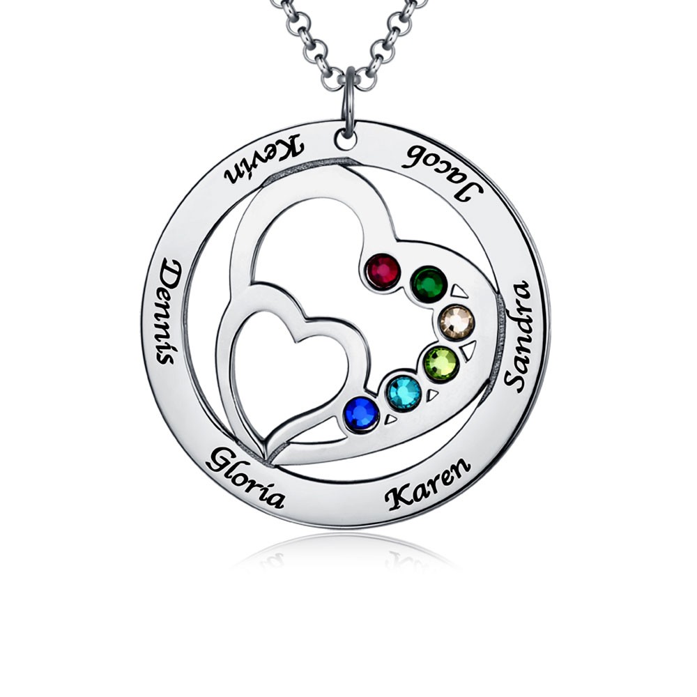 Silver Personalized Double Heart Name Necklace with 1-7 Birthstones and Names