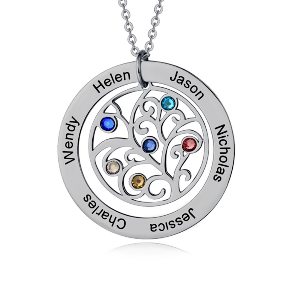 Personalized Family Name Necklace with 1-7 Birthstones and Names