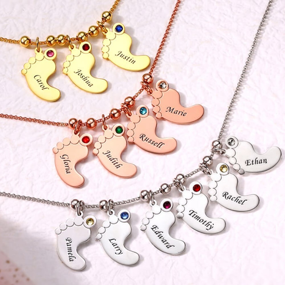 Personalized 1-6 Baby Feet Engravable Charms Name Necklace With Birthstone