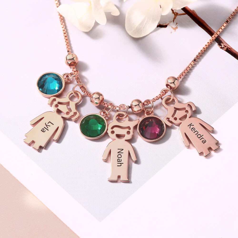 Personalized 1-12 Kids Charms Pendants Names Engraved Necklace With Birthstone