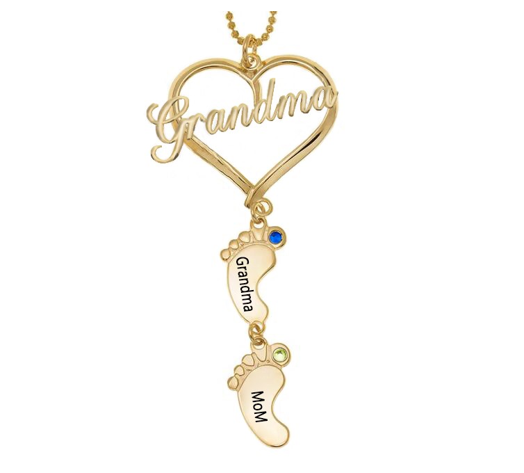 Personalized Grandma Heart Baby Feet Pendant Birthstone Name Necklace with 1-10 Charms