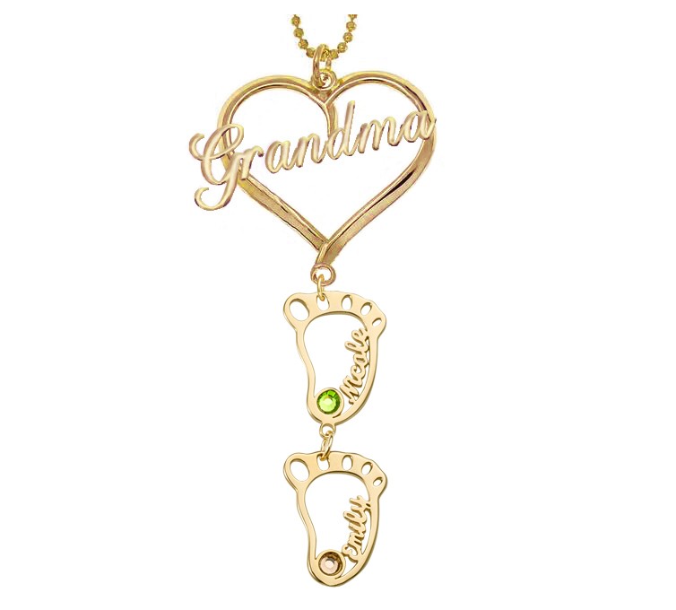 Personalized Grandma Heart Pendant Birthstones Name Necklace with 1-10 Hollow BabyFeet Charms
