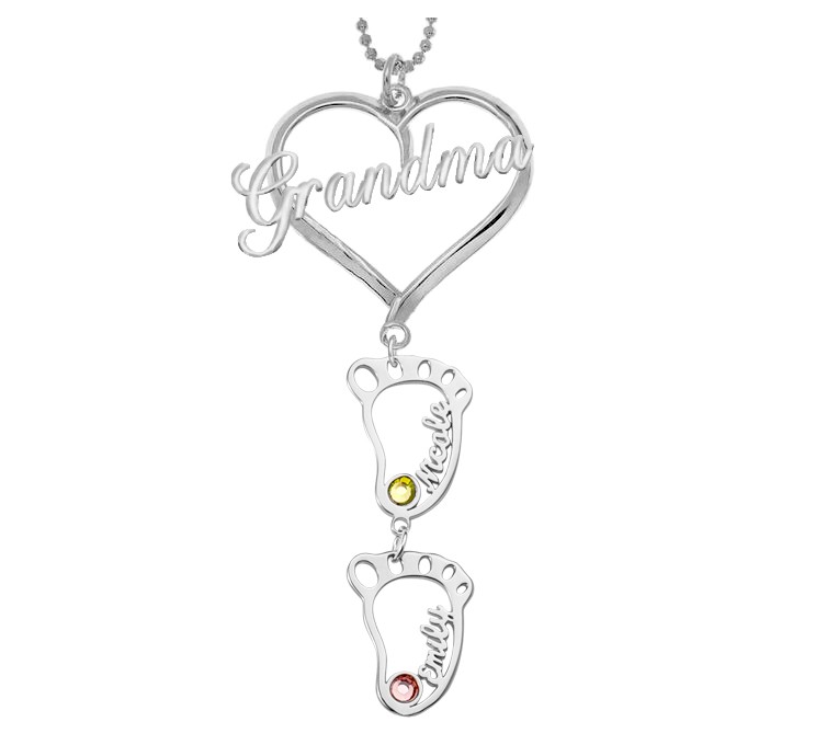Silver Personalized Grandma Heart Pendant 1-10 Hollow BabyFeet Charm Birthstone Name Necklace