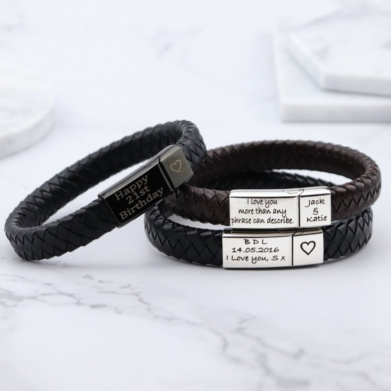 Men Personalized Engraved Name Leather Bracelets - RoseFeels