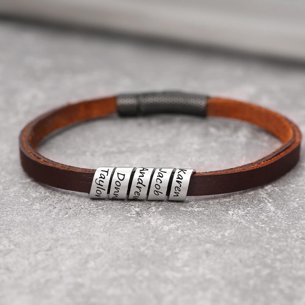 Mens Personalized Engraved Name Leather Bracelets With 1-10 Names