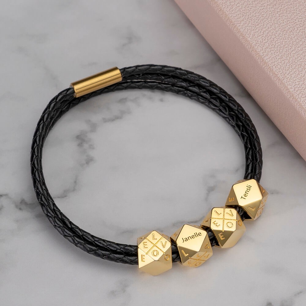 18K Gold Plating Men's Braided Leather Bracelet With Polyhedral Custom Beads