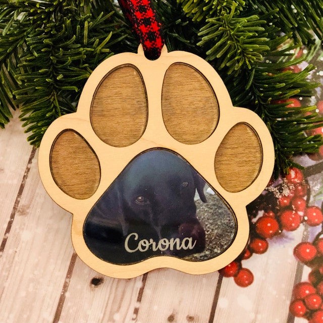 Personalized Wood Pet Paw Memorial Ornament With Photo Name Engraved