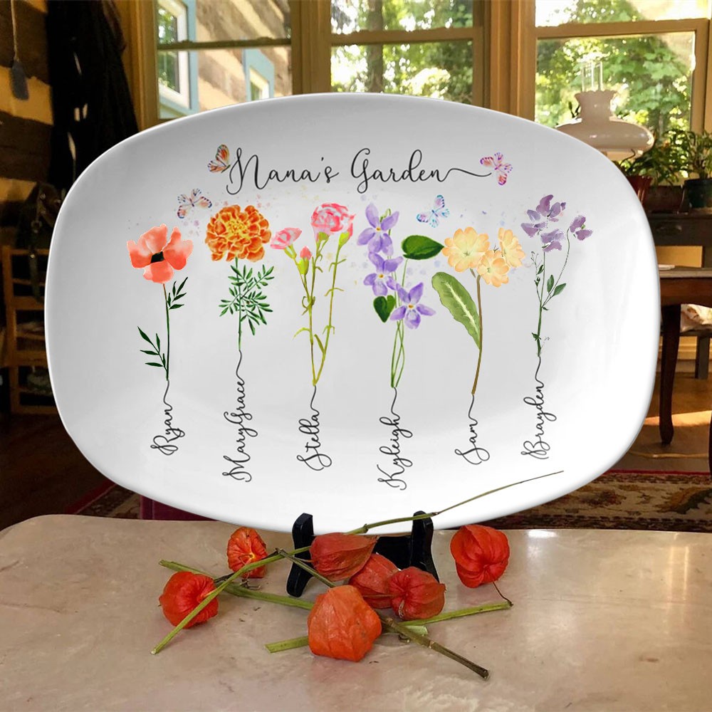 Custom Grandma's Garden Platter With Grandkids Name and Birth Month Flower For Mother's Day
