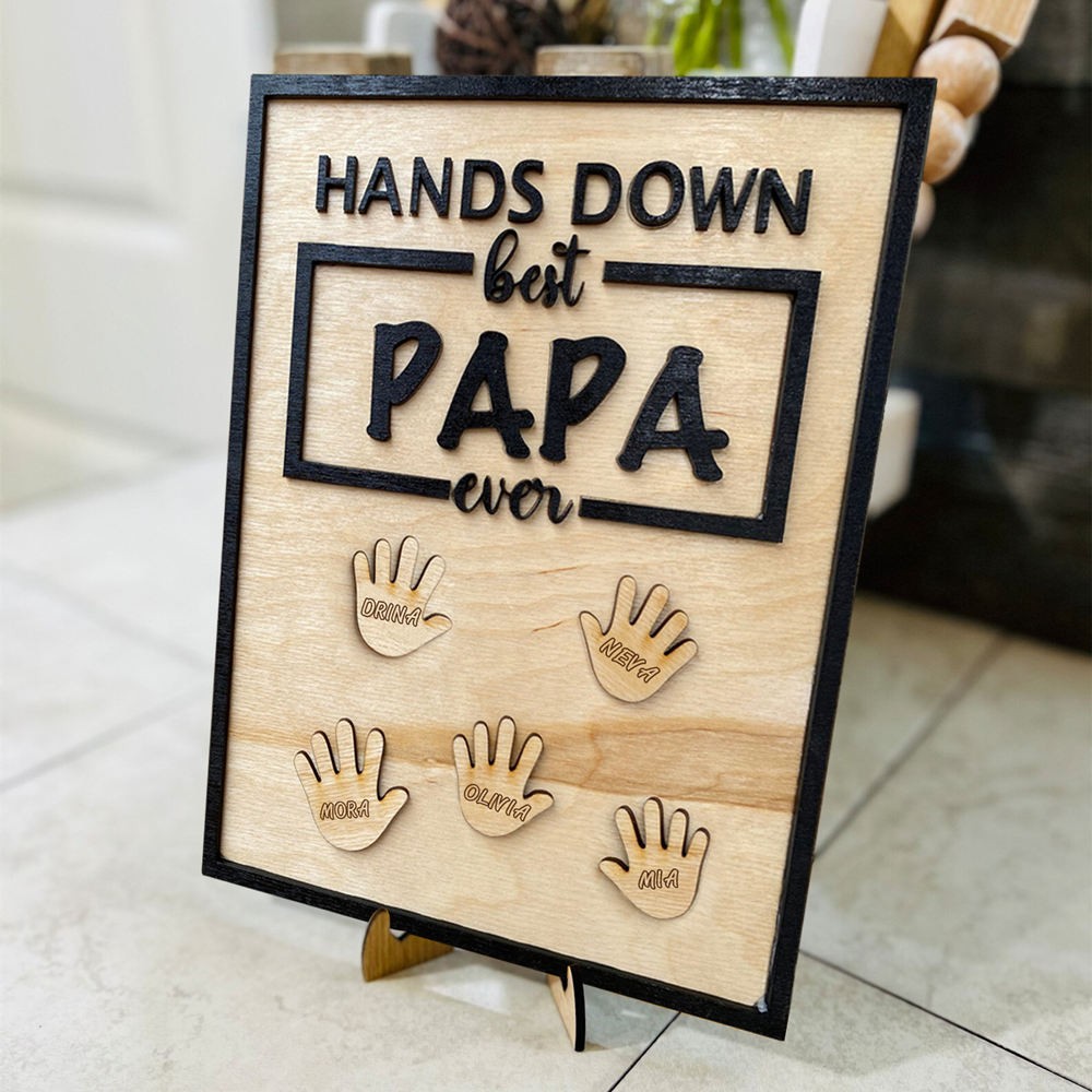 Personalized Best Papa Ever Hands Down Framed Sign With Kids Name For Father's Day Gift Ideas