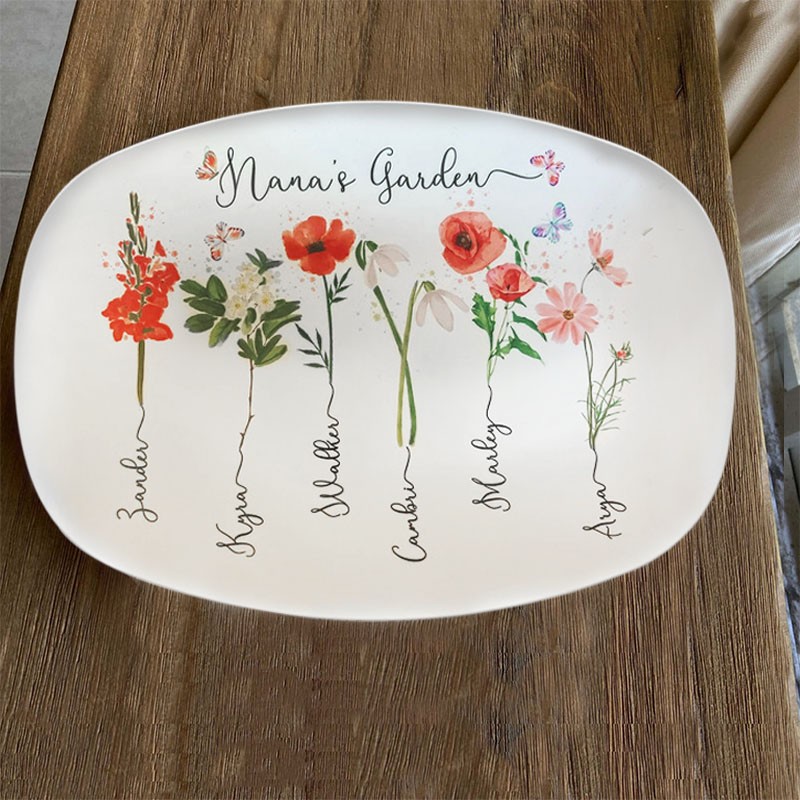 Nana's Garden Plate Personalized Birth Month Flower Platter With Kids Name For Mother's Day