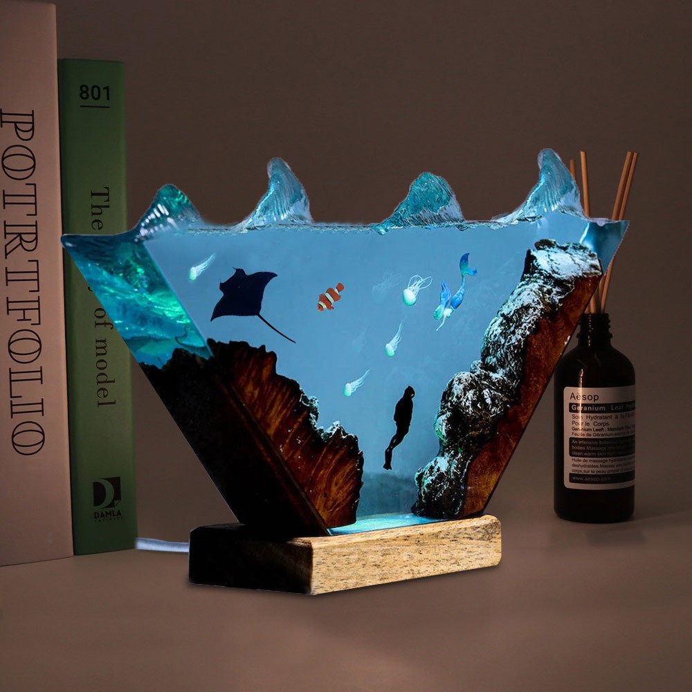 Resin Ocean Wood Lamp Manta Rays Jellyfish Nemo and Diver Home Decor Christmas Gift