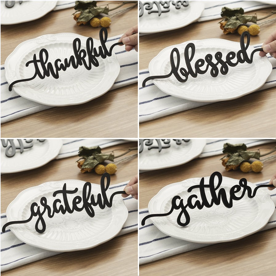 Set of 4 Thanksgiving Place Cards For Dining Table Decor Words Sign