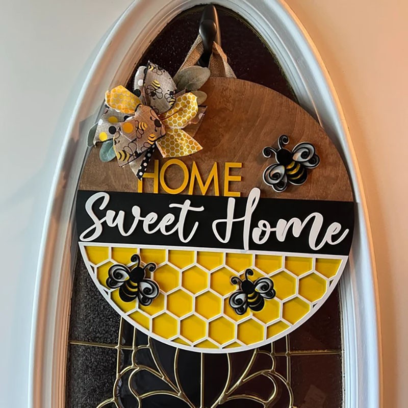 Wooden Hello Sweet Home Door Hanger Farmhouse Decor Entry Way Wall Welcome Bee Sign