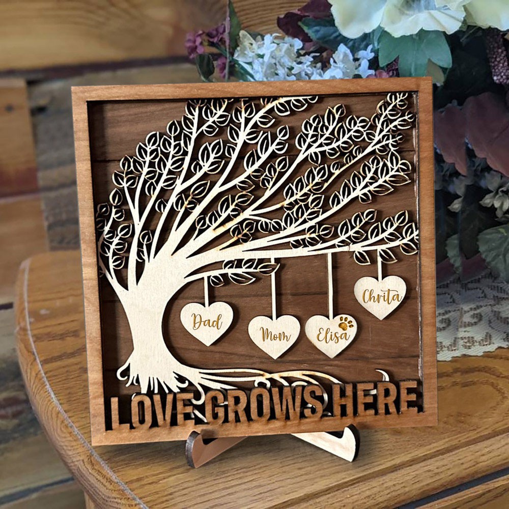 Custom Wooden Family Tree Sign With Name Engraved Home Decor For Mother's Day Christmas Love Grows Here