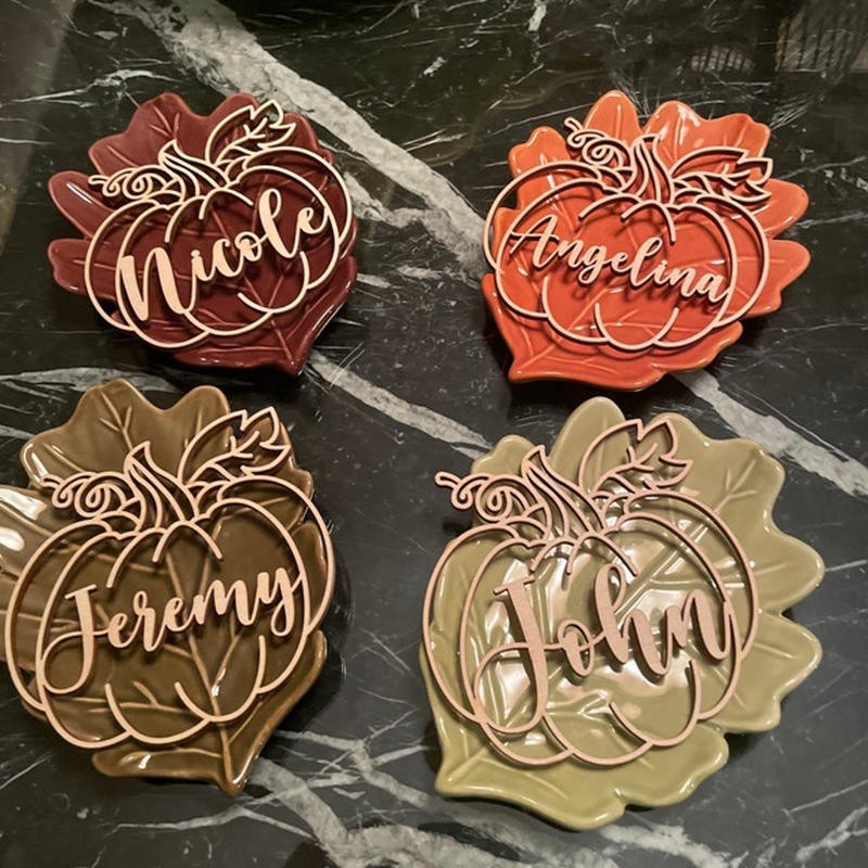 Thanksgiving Place Cards Personalized Pumpkin Name Sign Dining Table Fall Decor