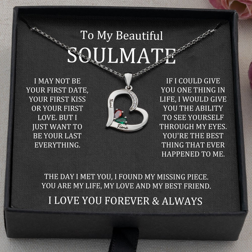 To My Soulmate Custom Heart Necklace With 2 Names and Birthstones For Valentine's Day