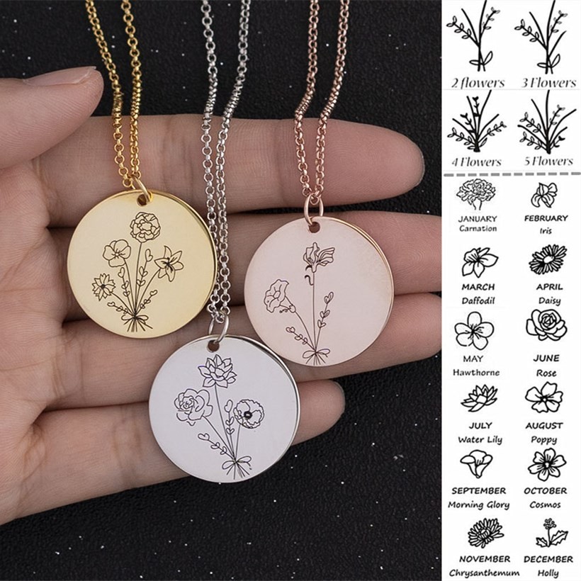 Custom Birth Flower Bouquet Necklaces For Her