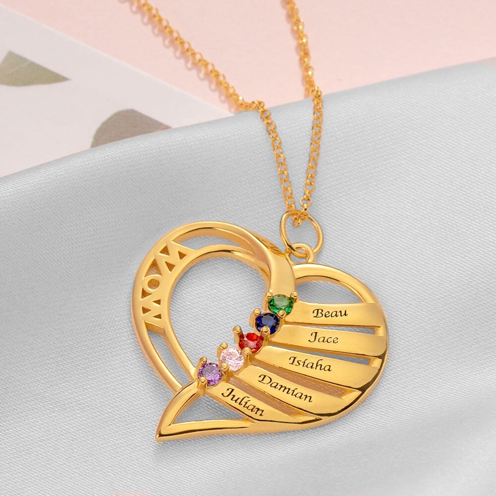 Personalized Heart Love Shape 1-6 Engraved Names and Birthstones Necklaces
