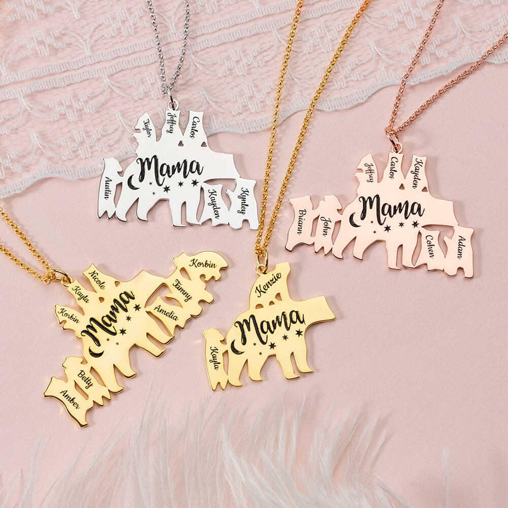 Personalized Mama Bear Necklace 1-8 Names For Mother's Day Gifts