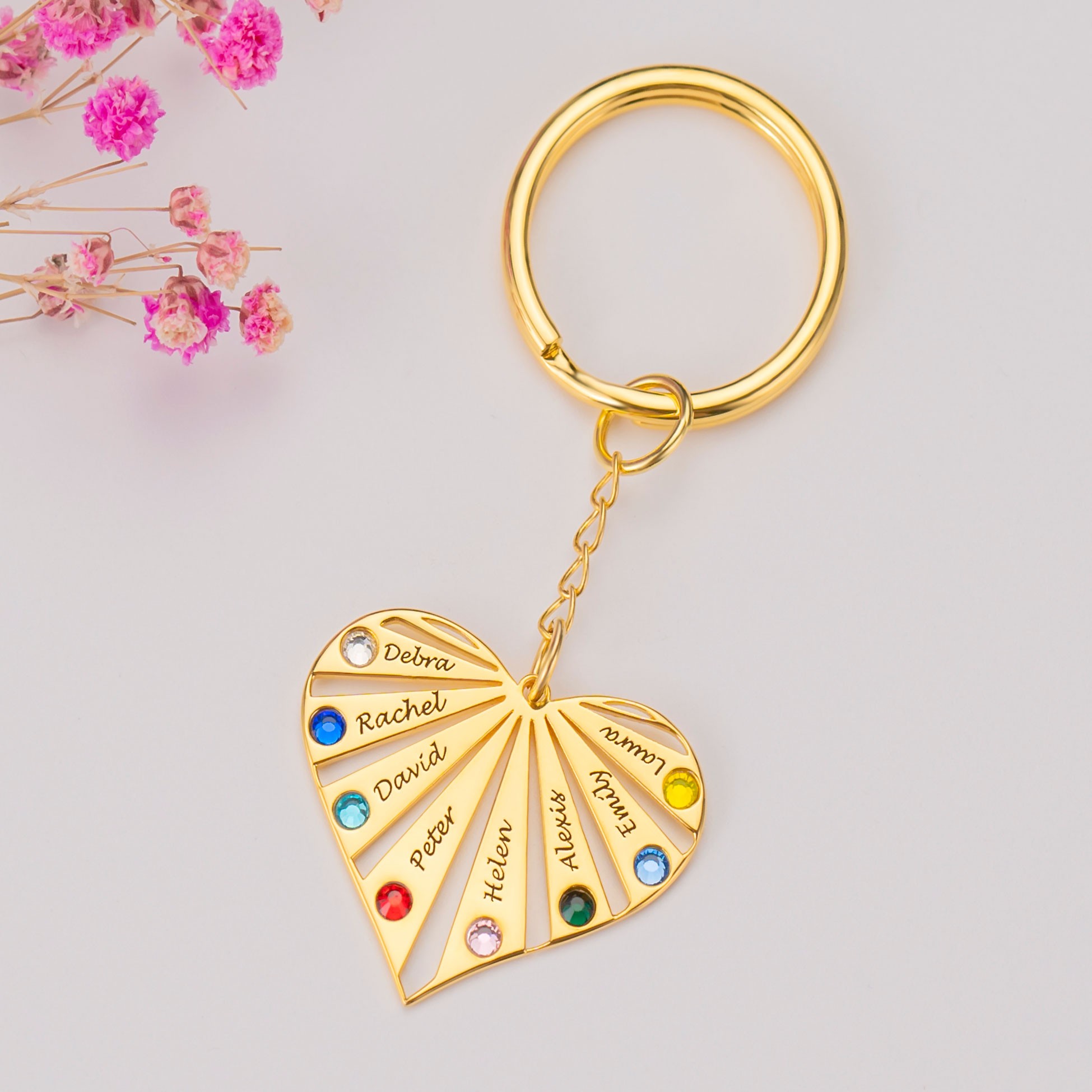 18K Gold Plating Personalized 1-8 Engraving Names with Birthstone Key Chain Gift