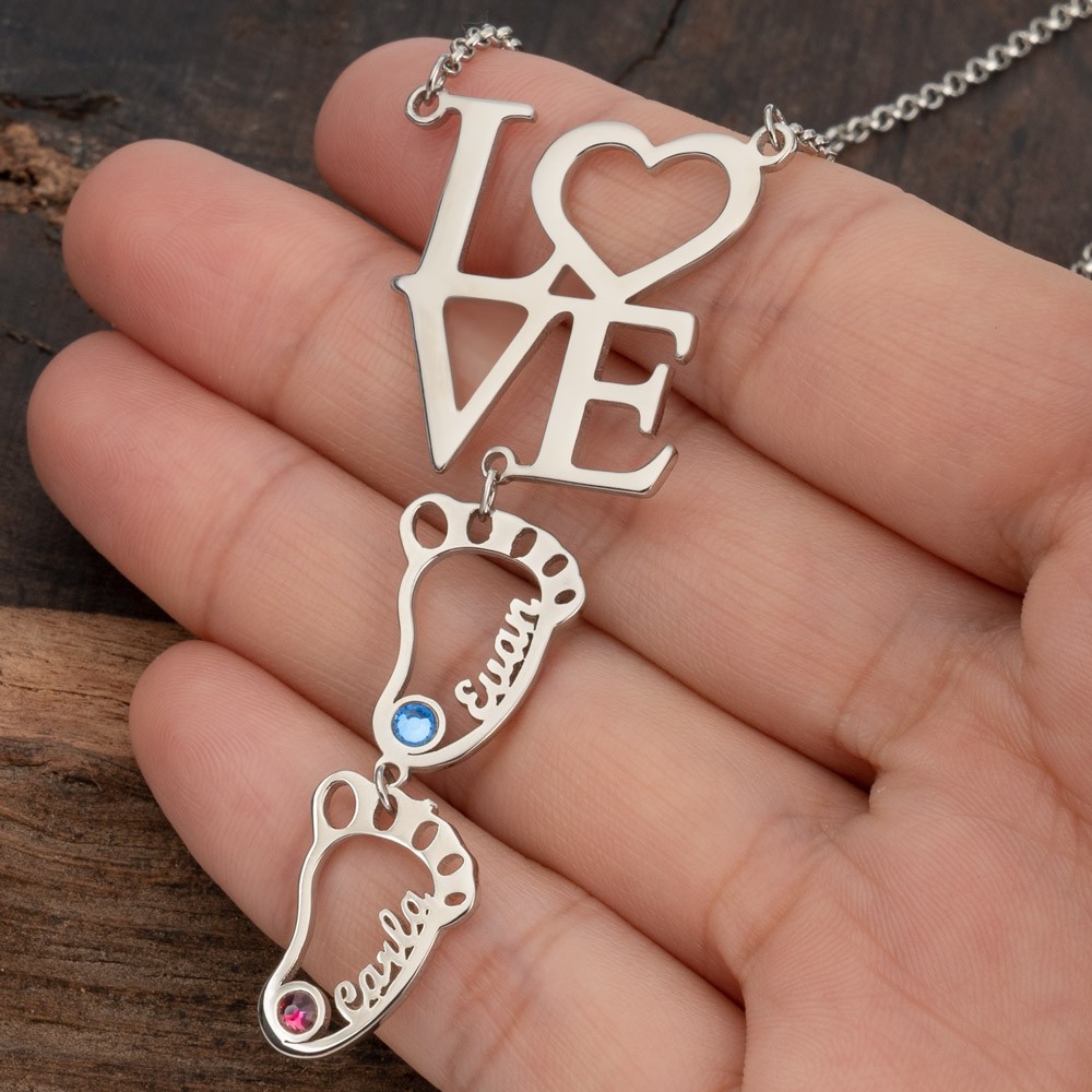 Personalized Love Baby Feet Charms Name Necklace With Birthstone For Mom Grandma