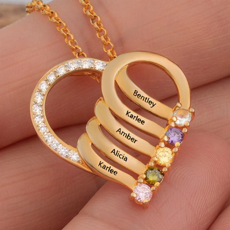 Custom 1-6 Name Heart Necklaces With Birthstone For Mom Family Christmas Gift
