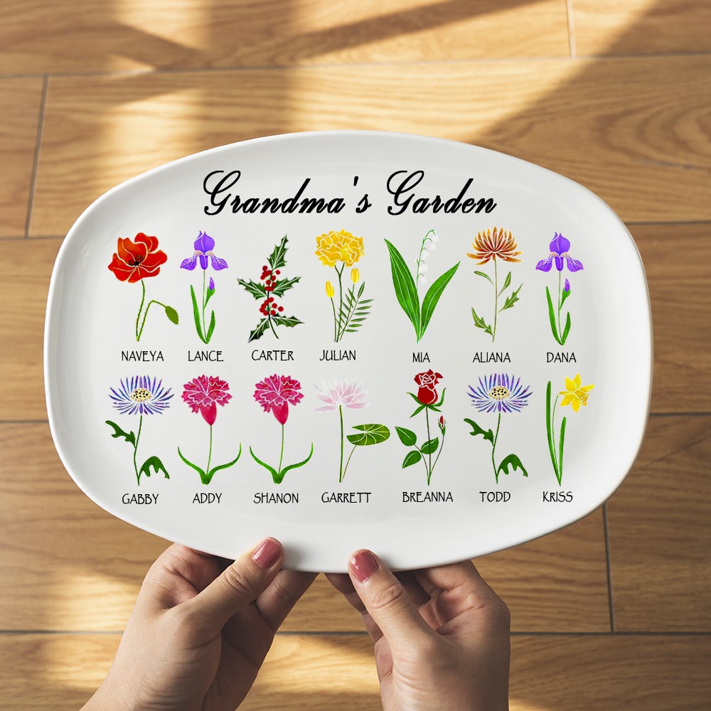 Personalized Birth Month Flower Platter With Grandchildren Names Grandma's Garden For Mom Family