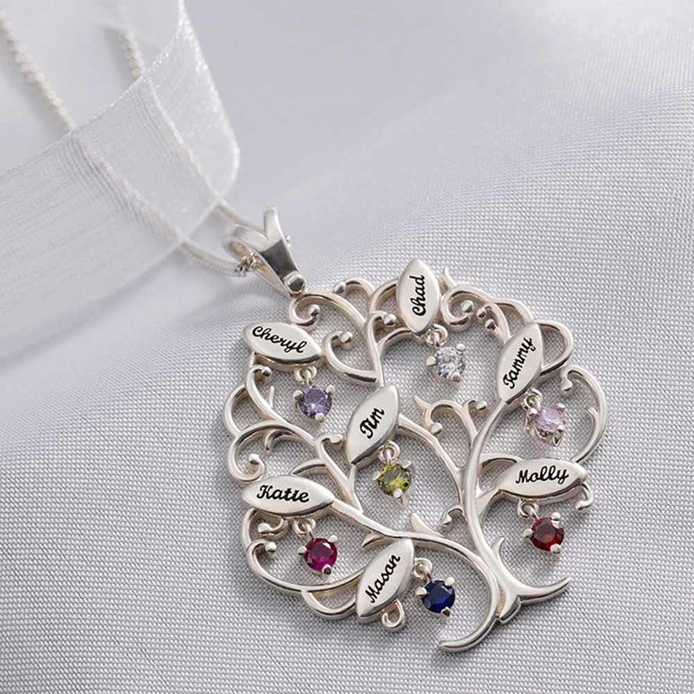 Personalized Tree-Design Family Tree Necklace With 1-7 Names And Birthstones