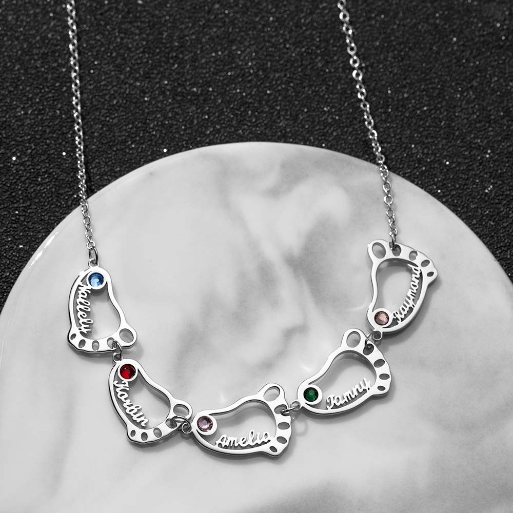Silver Personalized 1-8 Hollow Baby Feet Engravable Family Name Necklace With Birthstone